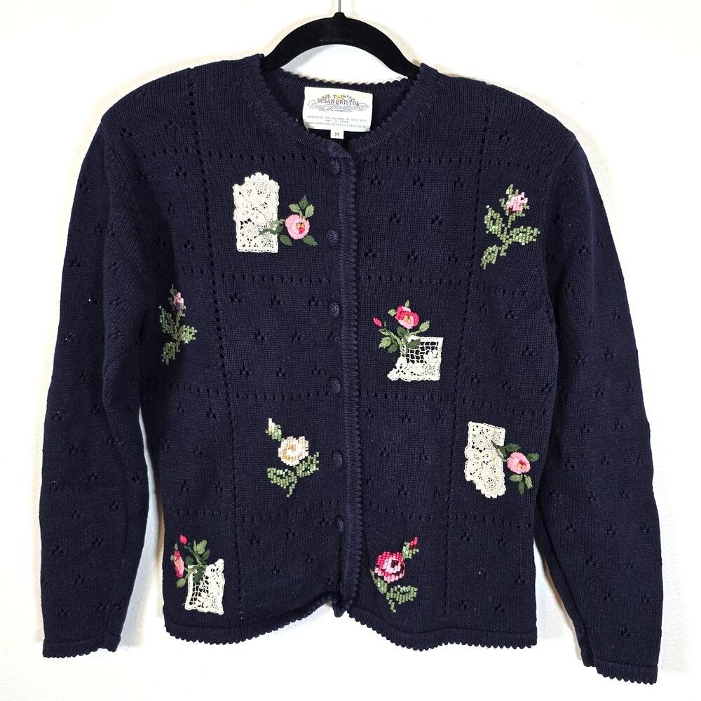 Susan Bristol New Traditions Cardigan Women's M Navy Embroidery Floral Cottage